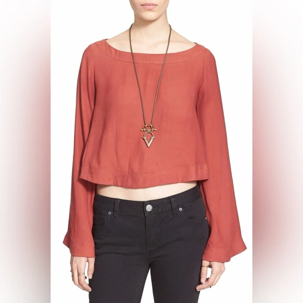 Free People Stars Aligned Bell Sleeve Crop Top Red Clay Size M